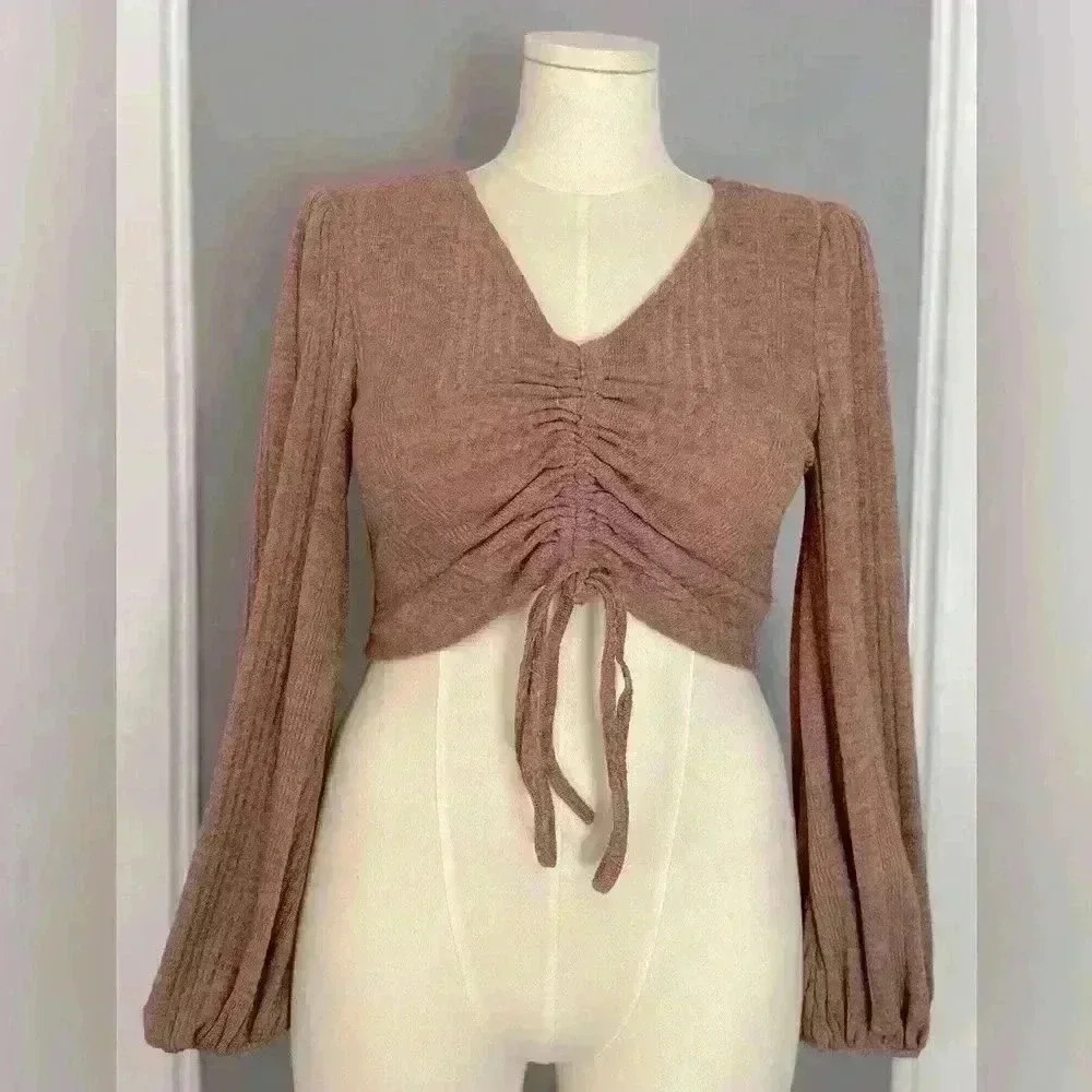 Shein Ruched Drawstring Lantern Sleeve Crop Top (555)